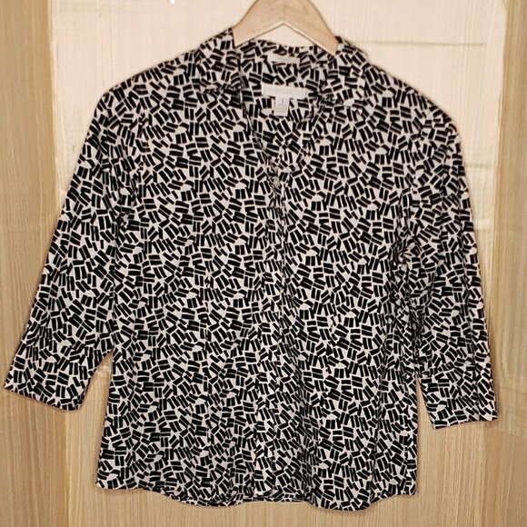 Chico's Womens Black White Non Iron Geometric 3/4 Sleeve Button Down Medium - Picture 1 of 6